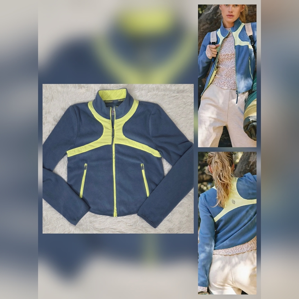 Free People In The Zone Zip Up Fleece Skyline/ Sour Citrus